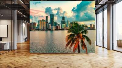 city skyline at sunrise Miami Florida Brickell beautiful palms buildings sea sky clouds  travel   Wall mural