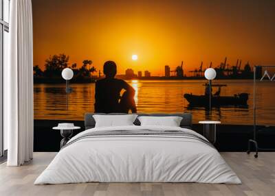 woman sitting watching sunrise silhouette person aquatic sea ocean boat sun sunset fishing miami florida love beautiful prints dusk orange vacation summer Wall mural