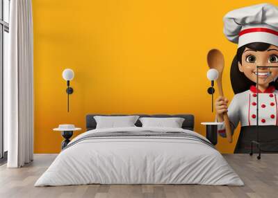 3D cartoon character of a female chef, holding a wooden spoon, looking at camera. On a yellow and orange background with copy space. Generative Ai. Wall mural