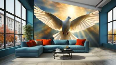 A white dove flying against golden sunbeams at sunset or sunrise. Religious symbol of purity, innocence and peace. Wall mural