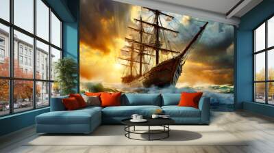 Bottom view of an old wooden sailing ship braving the waves of a wild stormy sea, in the background dramatic sky with storm clouds at sunrise or sunset. Generative Ai. Wall mural