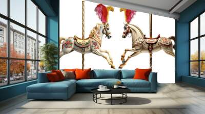 Close-up of a plastic horse of a carousel horses or merry-go-round (supported by a pole and with feathers on the head), isolated on white or transparent background. Png. Generative Ai. Wall mural