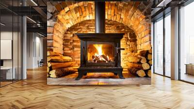 Close-up of a vintage and traditional wood burning stove in a brick fireplace, two piles of firewood are placed at both sides of the stove and some fireplace. Generative Ai. Wall mural