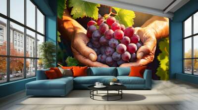 Close-up of two wrinkled hands (cupped hands full of red grapes) of a farmer showing harvesting ripe red grapes with green vine leaves. In the background vineyards at sunset or sunrise. Wall mural