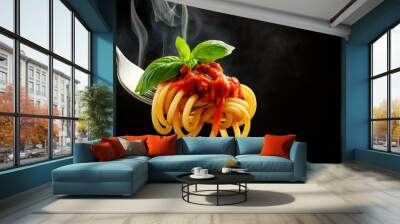 Closeup of Italian spaghetti pasta with tomato sauce and a green basil leaf on a metal fork. Isolated on a black background with heat smoke and copy space. Generative Ai. Wall mural