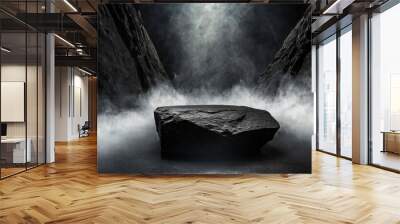 Empty black rock podium, pedestal for display mockup or products presentation. On background black rock walls with white smoke or fog and a light beam illuminating the base from above. Generative Ai. Wall mural