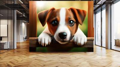 Extreme close-up of a curious cute little Jack Russell Terrier dog peeking over a wooden fence looking at the camera with his big eyes, protecting its back yard. Generative Ai. Wall mural