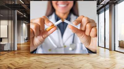 Extreme close-up of a female smiling doctor breaking a cigarette. Stop smoking, prevention, anti smoking campaign and world no tobacco day concept. Generative Ai. Wall mural