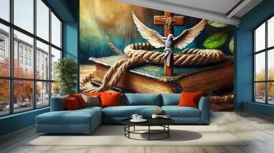 Extreme close-up of a wooden crucifix (religious cross) with a dove and rope above an old Holy Bible, above an old wooden table with copy space. Concept of prayer and Christian religion. Generative Ai Wall mural