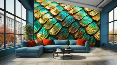 Extreme close-up of the scales of a gold, green and turquoise reptile, dragon, dinosaur, fish or mermaid. Background with copy space. Wall mural