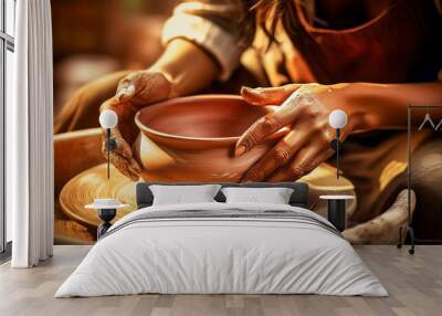 Extreme close-up of two hands of potter making clay pot with a pottery wheel. Ceramics workshop concept, craftsman workshop craft, skill or hobby, sculptor traditional molding. Generative Ai. Wall mural