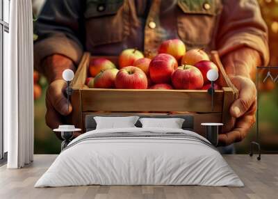 Extreme close-up of two wrinkled hands of a male farmer, holding a wooden crate full of ripe apples in an apple orchard. Generative Ai. Wall mural