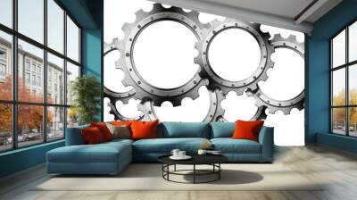 Group of empty metal gears (cogwheels) isolated on transparent background, 3D illustration and photography, png. Wall mural