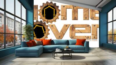 Home Improvement Symbol with Wooden Gears / Wooden symbol with text Home Improvement, wooden gears and wooden meter ruler in the shape of house. Isolated on white background Wall mural