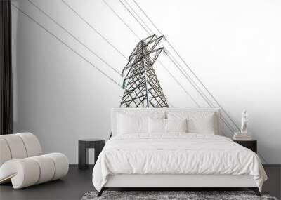 Photography of a High voltage tower, power line with electric cables and insulators isolated on transparent background, png. Wall mural