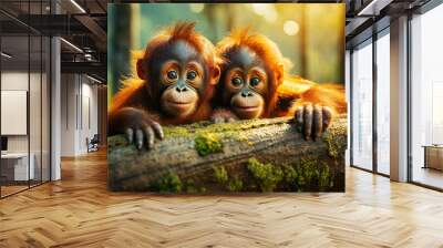 Portrait of two beautiful baby orangutans looking at camera. Two beautiful little monkeys with brown and orange fur look on in amazement, leaning against a tree trunk in the rainforest. Wall mural