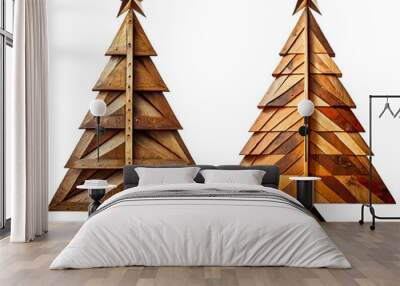 Two small wooden Christmas trees with wooden comet star Isolated on white or transparent background, png. Wall mural