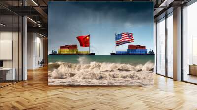 USA and China trade war concept. Two cargo container ships with the chinese and United states of America flag, in a rough sea with waves and rainy sky  Wall mural