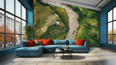 Vertical aerial shot in Sapa, Vietnam of river during rainy season with farmhouses and rice fields at both sides of it Wall mural