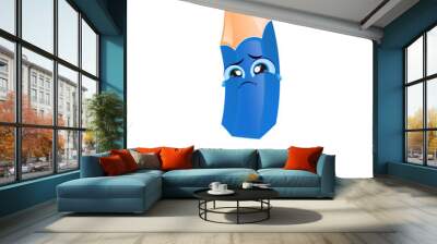 Cute Blue Funny Sad Pencil. Education concept. Crying blue crayon. Sad blue school pencil. Wall mural