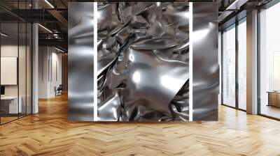 Three metallic creased sheet wavy silver shiny chrome textures abstract vertical backgrounds Wall mural