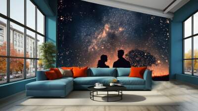 A silhouette of a couple on a date under the sky full of stars Generative AI Wall mural