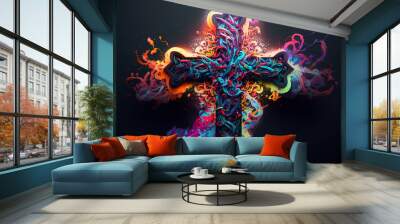 An abstract design of a cross painted with colorful watercolors on black background	 Wall mural