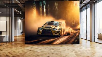 Racing car driving fast in a dynamic picture, forest rally  Wall mural