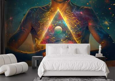 Spirituality, meditation concept. A triangular pyramid inside a person's chest, the pyramid is covered with a multi-layered colors, inside the pyramid is a white luminous ball of light Wall mural