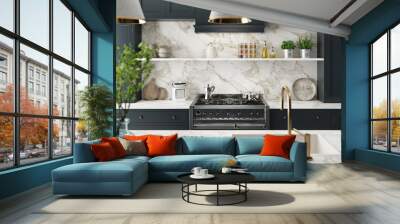 Residential interior of modern kitchen in luxury mansion, 3d rendering Wall mural