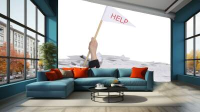 hand with help flag sticking out of desk full of paper Wall mural