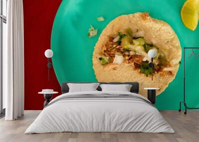 over head photo of two Mexican carnitas tacos on place in flat lay composition Wall mural