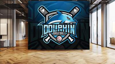 dolphin mascot baseball team logo design vector with modern illustration concept style for badge, emblem and tshirt printing. modern dolphin shield logo illustration for sport, gamer, streamer Wall mural