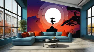 masterkunoichi samurai girl japan wallpaper 4K desktop. samurai and witch background. sunset vibe and full moon. landscape view illustration vector background Wall mural