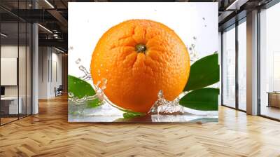 fresh delicious orange splashing with leaves isoleted Wall mural