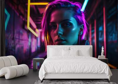 Illustration portrait of blonde woman with neon colors highlights like an album cover Wall mural