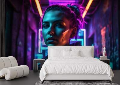 Illustration portrait of blonde woman with neon colors highlights like an album cover Wall mural