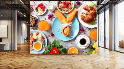 Breakfast food table. Festive brunch set, meal variety with pancakes, croissants, juice, fresh berries, granola and fresh fruits. Easter breakfast. Top view with copy space. Wall mural