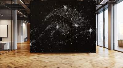 black and white hand drawn illustration of stars in the night sky shaped like two great shiny waves Wall mural