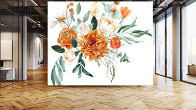 Autumn Garden Boho Orange Floral Watercolor Rustic Wedding Bouquet. Meadow Flowers Arrangement Wall mural