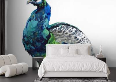 Peacock Feathers Watercolor Graphics. Bright Blue Exotic Birds on Transparent Background Wall mural