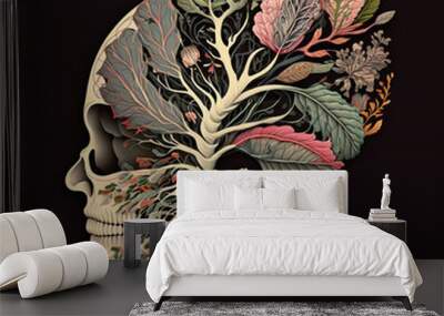 a human anatomical  skull with floral design, representing positive ideas and optimism, generative ai illustration Wall mural