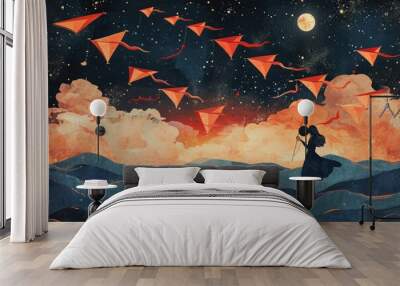 abstract watercolor painting illustration of a girl holding a kite , in the night full of stars and moon and seascape Wall mural