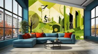 bike rider ina dreamlike retro vintage landscape, travel sustainable theme, generative ai illustration Wall mural