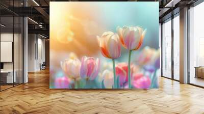 colorful tulips flower background, spring outdoor mood, pastel color wallpaper patter, sunny day light, pastel meadows theme concept Wall mural