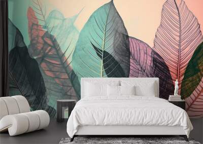 contemporary banner x ray style, leaves pattern  on pastel background, generative ai illustration Wall mural