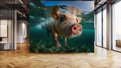 generative ai funny pink pig posing on camera underwater picture Wall mural