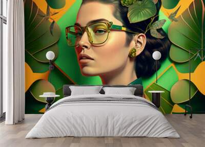 generative ai illustration portrait of a woman with sunglasses, collage 70s style, summer vibes Wall mural