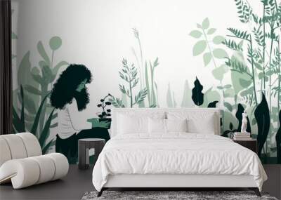 green illustration of a  women gardening, scene full of plants , urban jungle, graphic abstract concept Wall mural