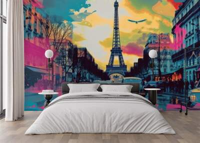 pop art illustration collage style of Tour Eiffel, Paris city symbol , travel destination concept  Wall mural